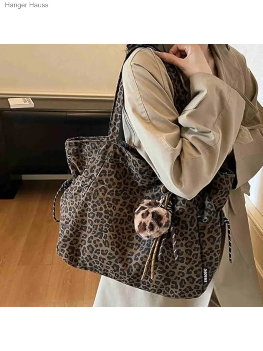 Leopard Print Tote Bag with Pockets, Nylon Work Purse, Y2K Shoulder Bag